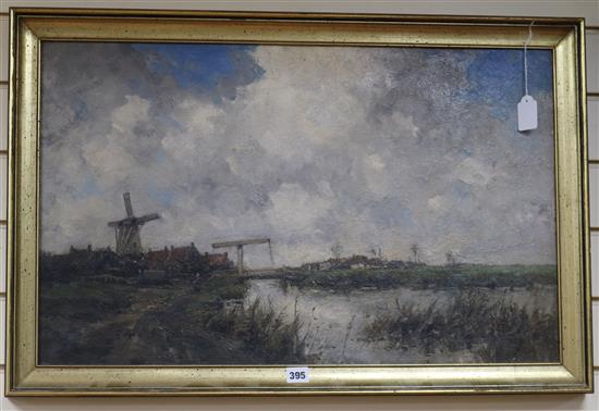 Jan Van Couver, oil on canvas, Village viewed from a canal, signed, 45 x 73cm